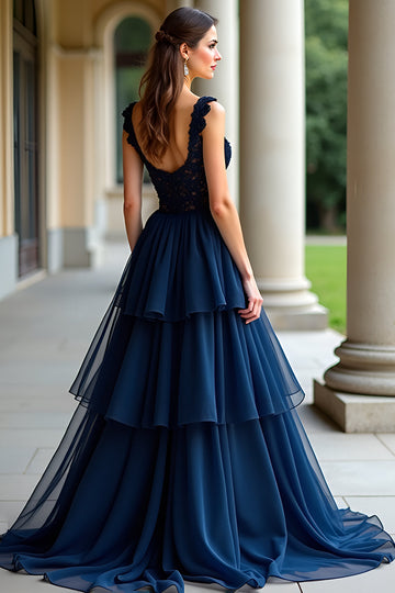 Navy A Line Spaghetti Stropper Lagdelt Blonder Lang Ballkjole
